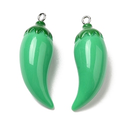 Green Opaque Resin Imitation Vegetables Pendants, Pepper Charms with Platinum Tone Iron Loops, Green, 39x16x13mm, Hole: 2mm