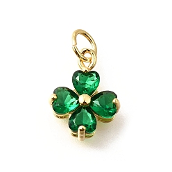 Зеленый Латунные микро проложить кубического циркония подвески, Четыре листа клевера, с целью перехода в кольце, долговечный, реальный 18 k позолоченный, без кадмия и без свинца, стойки покрытие, зелёные, 13.5x10x5 мм