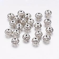 Antique Silver Tibetan Style Alloy Beads, Round, Lead Free & Cadmium Free, Antique Silver, about 8mm in diameter, 7mm thick, hole: 1.5mm
