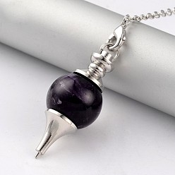 Amethyst Natural Amethyst Sphere Dowsing Pendulums, with Platinum Tone Brass Cross Chain & Lobster Claw Clasps, 225~240mm