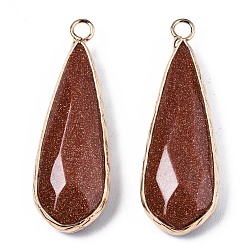 Goldstone Synthetic Goldstone Pendants, with Golden Plated Brass Edge and Loop, Teardrop, Faceted, 36~37x12x6mm, Hole: 2.5mm