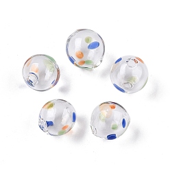 Azul Cuentas de globo de vidrio soplado hechas a mano transparentes, patrón de punto de onda, rondo, azul, 13.5~14.5x14~15 mm, agujero: 1~2 mm