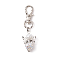 White Angel Polymer Clay Rhinestone Pendant Decorations, with Glass Pearl Beads, Alloy Swivel Lobster Claw Clasps, White, 6.1cm