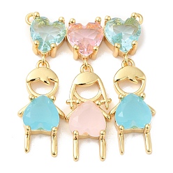 Real 16K Gold Plated Brass Pendants, with Colorful Glass, Girl & Boy Charms, Real 16K Gold Plated, 33x26x5.5mm, Hole: 1mm