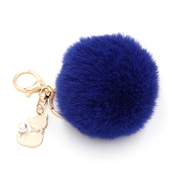 Medium Blue Imitation Rabbit Fur Pom-Pom & Cat Keychain, Bag Pendant Decoration, Medium Blue, 8cm