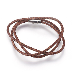 Coconut Brown Leather Braided Cord Wrap Bracelets/Necklaces, Three Loops, with 304 Stainless Steel Magnetic Screw Clasps, Column, Coconut Brown, 22.8 inch~23 inch(58~58.5cm), 3mm