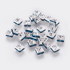 Blue Zircon Brass Rhinestone Spacer Beads, Grade A, Nickel Free, Silver Metal Color, Square, Blue Zircon, 6x6x3mm