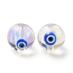 Blue Transparent Glass Beads, with Enamel, Round with Evil Eye Pattern, Blue, 10~10.5x9mm, Hole: 1.6mm