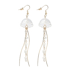 White Iron Dangle Earrings, with Plastic Pendants, Jellyfish, Golden, White, 104x21.5mm