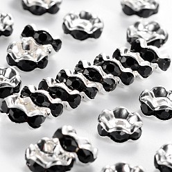 Black Brass Rhinestone Spacer Beads, Grade A, Black, Silver Color Plated, Nickel Free, Size: about 8mm in diameter, 3.8mm thick, hole: 1.5mm