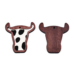 Black Eco-Friendly Cowhide Leather Big Pendants, with Dyed Wood, Cattle Head with Leopard Print Pattern, Black, 55x50x3mm, Hole: 2mm