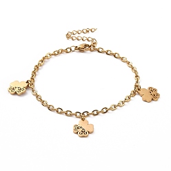 Golden 304 Stainless Steel Clover Charm Bracelet with Cable Chains for Women, Golden, 7-1/8 inch(18cm)