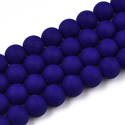 Dark Blue Opaque Glass Beads Strands, Frosted, Round, Dark Blue, 8~8.5mm, Hole: 1.5mm, about 51~53pcs/strand, 14.96 inch~15.55 inch(38~39.7cm)