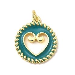 Зеленый Латунь эмаль подвески, плоские круглые подвески с полыми сердечками, без свинца и без кадмия, долговечный, стойки покрытие, реальный 18 k позолоченный, зелёные, 20.5~21x18x2.5 мм, отверстие : 3.4 мм