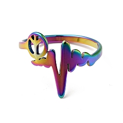 Rainbow Color Ion Plating(IP) 201 Stainless Steel Heart Beat & Peace Sign Finger Ring for Women, Rainbow Color, US Size 6 1/2(16.9mm)