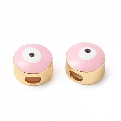 Бледно-Розовый Экологически чистые подвески из латуни с покрытием из эмали, долговечный, без свинца и без кадмия, реальный 18 k позолоченный, плоские круглые с сглаза, розовый жемчуг, 8.5x6 мм, отверстие : 2x3.5 мм