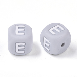 Letter E Food Grade Eco-Friendly Silicone Beads, Horizontal Hole, Chewing Beads For Teethers, DIY Nursing Necklaces Making, Letter Style, Cube, Light Grey, Letter.E, 12x12x12mm, Hole: 2mm