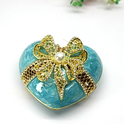 Turquoise Heart Alloy Enamel Box, with Rhinestone and Magnetic Clasps, for Ring, Neckalces, Pendant, Home Decoration, Turquoise, 6.6x7.6x5.1cm