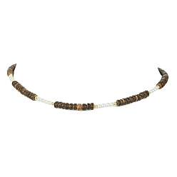 Coconut Brown Natural Shell & Pearl & Coconut Disc Beaded Necklaces, with Synthetic Hematite Beads, Coconut Brown, 13.98 inch(35.5cm)