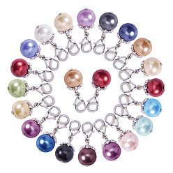Color mezclado 48 piezas 16 colgante de perlas de cristal redondo de colores, con cierre de pinza de langosta de latón y abalorios de aleación, color mezclado, 26 mm, agujero: 3.5 mm, 3 piezas / color