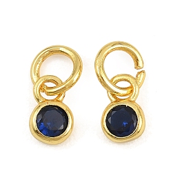 Dark Blue Brass Pave Cubic Zirconia Charms, Flat Round Charms, Single Stone Charms, Long-Lasting Plated, Rack Plating, Cadmium Free & Lead Free, Golden, Dark Blue, 7x4x2mm, Hole: 3.5mm