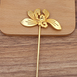 Golden Alloy Hair Stick Findings, Rhinestones Settings, with Iron Pins, Flower, Golden, 4mm