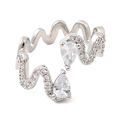Платина Латунные микропаве кубические цирконии манжеты открытые кольца для женщин, слеза, стойки покрытие, без кадмия и без свинца, долговечный, платина, 6 мм, 19 мм