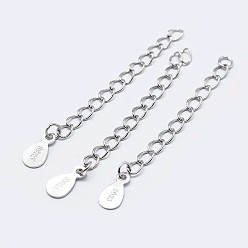 Silver 925 Sterling Silver End with Extender Chains and Teardrop Charms, with S925 Stamp, Silver, 35~40mm, Hole: 1.5mm