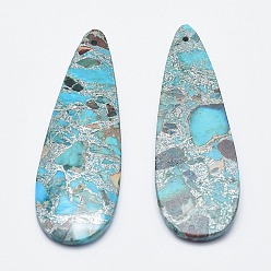 Silver Synthetic Regalite/Imperial Jasper/Sea Sediment Jasper and Turquoise Big Pendants, with Silver Line, teardrop, Silver, 60~61x19x4mm, Hole: 1.5mm