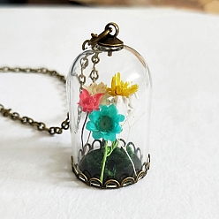 Colorful Butterfly & Key & Glass Dried Flower Wishing Bottle Pendant Necklace, with Antique Bronze Alloy Cable Chains, Colorful, 33.46 inch(85cm)