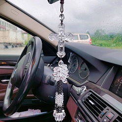 Clear Cross with Tassel Glass Pendant Decorations, for Interior Car Mirror Hanging Decorations, White, 320mm
