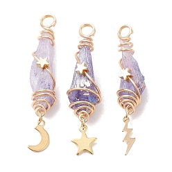 Lilac 3Pcs 3 Styles Electroplated Natural Quartz Crystal Copper Wire Wrapped Pendants, TearDrop Charms with Golden Tone Alloy Moon & Star & Sun & Lightning Bolt, Lilac, 44.5~48.5x8~10.5x6.5~13mm, Hole: 4mm, about 1pc/style