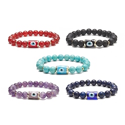 Mixed Stone 5Pcs 5 Style Natural & Synthetic Mixed Gemstone & Lampwork Evil Eye Beaded Stretch Bracelets Set for Women, Inner Diameter: 2-1/8 inch(5.3cm), 1Pc/style