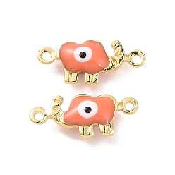 Coral Brass Enamel Connector Charms, Real 18K Gold Plated, Elephant with Evil Eye Pattern, Coral, 6x14.5x3mm, Hole: 1mm