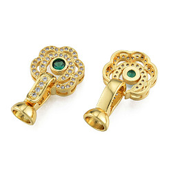 Real 18K Gold Plated Brass Pave Clear & Green Cubic Zirconia Fold Over Clasps, Nickel Free, Flower, Real 18K Gold Plated, 25mm, Clasp: 14x7mm, Inner Diameter: 5mm, Flower: 13.5x13.5x4mm, Hole: 1.2mm
