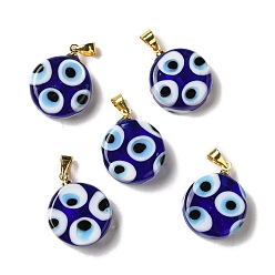 Midnight Blue Handmade Evil Eye Lampwork Pendants, with Rack Plating Brass Findings, Long-Lasting Plated, Lead Free & Cadmium Free, Flat Round, Midnight Blue, 19.5x16x6mm, Hole: 4.2x3.8mm