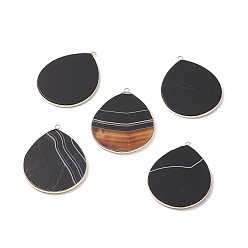 Banded Agate Natural Striped Agate/Banded Agate Pendants, with Brass Findings, teardrop, Dyed & Heated, Golden, 41~41.5x32x2mm, Hole: 1.5mm