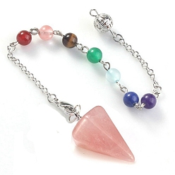 Rose Quartz Chakra Natural Rose Quartz Hexagonal Pointed Dowsing Pendulums, with Platinum Tone Iron Chains, Cone Charm, Mixed Dyed and Undyed, 252mm, Pendant: 24~25.5x15.5x14.5mm