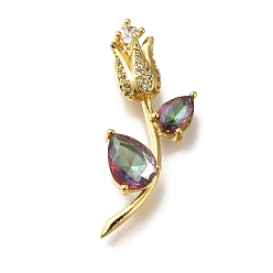 Темный Голубой Стойка металлическая латунная микропрофилированная кубическая циркония подвески, долговечный, без кадмия и без свинца, реальный 18 k позолоченный, цветок, темные голубые, 34.5x15x7 мм, отверстие : 6x2 мм