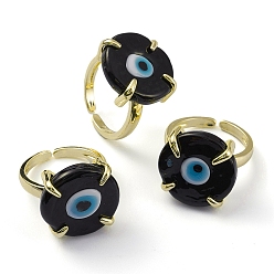 Black Lampwork Evil Eye Open Cuff Ring, Light Gold Brass Lucky Jewelry for Women, Lead Free & Cadmium Free, Black, US Size 6 1/4(16.7mm)