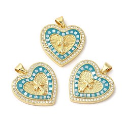 Средний Бирюзовый Сердце с подвесками из латуни с микропаве и цирконием, с эмалью и ракушкой, долговечный, без свинца и без кадмия, реальный 18 k позолоченный, средне бирюзовый, 23x22.5x4 мм, отверстие : 5x3 мм