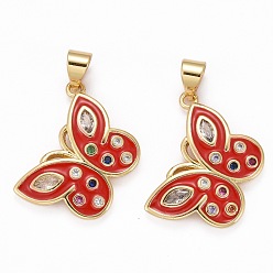 Red Brass Micro Pave Clear Cubic Zirconia Pendants, with Enamel, Long-Lasting Plated, Real 18K Gold Plated, Butterfly, Red, 15.5x19.5x2.5mm, Hole: 3x4mm