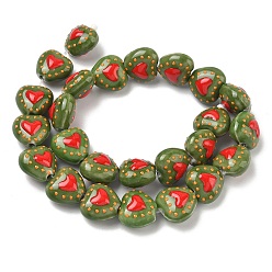 Цвет Оливы Фарфоровые эмалированные бусины ручной работы с узором в виде сердечек, сердце, пастельный фарфор, оливковый, 15.5x16~16.5x10.5~11 мм, отверстие : 1.8~2 мм