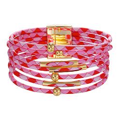 pink bracelet Leopard Print Magnetic Clasp Leather Bracelet - Beaded Leather Cord Bracelet, Copper Tube Bangle, Jewelry.