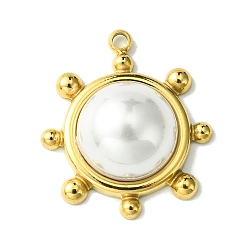 White Ion Plating(IP) 304 Stainless Steel Pave Shell Pearl Pendants, Sun Charms, Real 14K Gold Plated, White, 19.5x17x6.5mm, Hole: 1.4mm