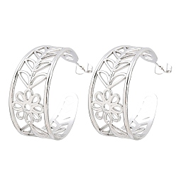 Stainless Steel Color 304 Stainless Steel Flower with Leaf Stud Earrings for Women, Half Hoop Earrings, Stainless Steel Color, 34x15mm