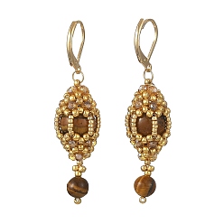 Tiger Eye Natural Tiger Eye Leveback Earrings for Women, Oval, with Glass Seed, 304 Stainless Steel Leverback Earrings for Women, Real 18K Gold Plated, 54x13.5mm