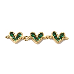 Green Rack Plating Brass Pave Cubic Zirconia Connector Charms, Triple Heart Links, Lead Free & Cadmium Free, Real 18K Gold Plated, Long-Lasting Plated, Green, 42~43x8x2.5mm, Hole: 1.2~1.4mm