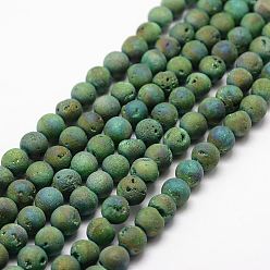 Green Electroplated Natural Quartz Crystal Beads Strands, Druzy Geode Crystal, Round, Green, 8mm, Hole: 1mm, about 50pcs/strand, 15.3 inch(39cm)