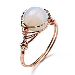 Opalite Opalite Round Finger Ring, Rack Plating Rose Gold Brass Wire Wrap Ring, Inner Diameter: 20mm